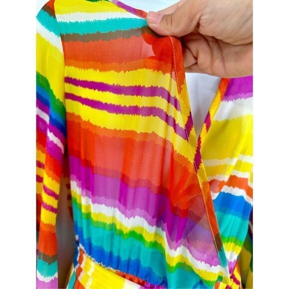 Corrida Women's Rainbow Striped Balloon Sleeve Wrap Maxi Dress Multi-Color Small - Picture 5 of 9